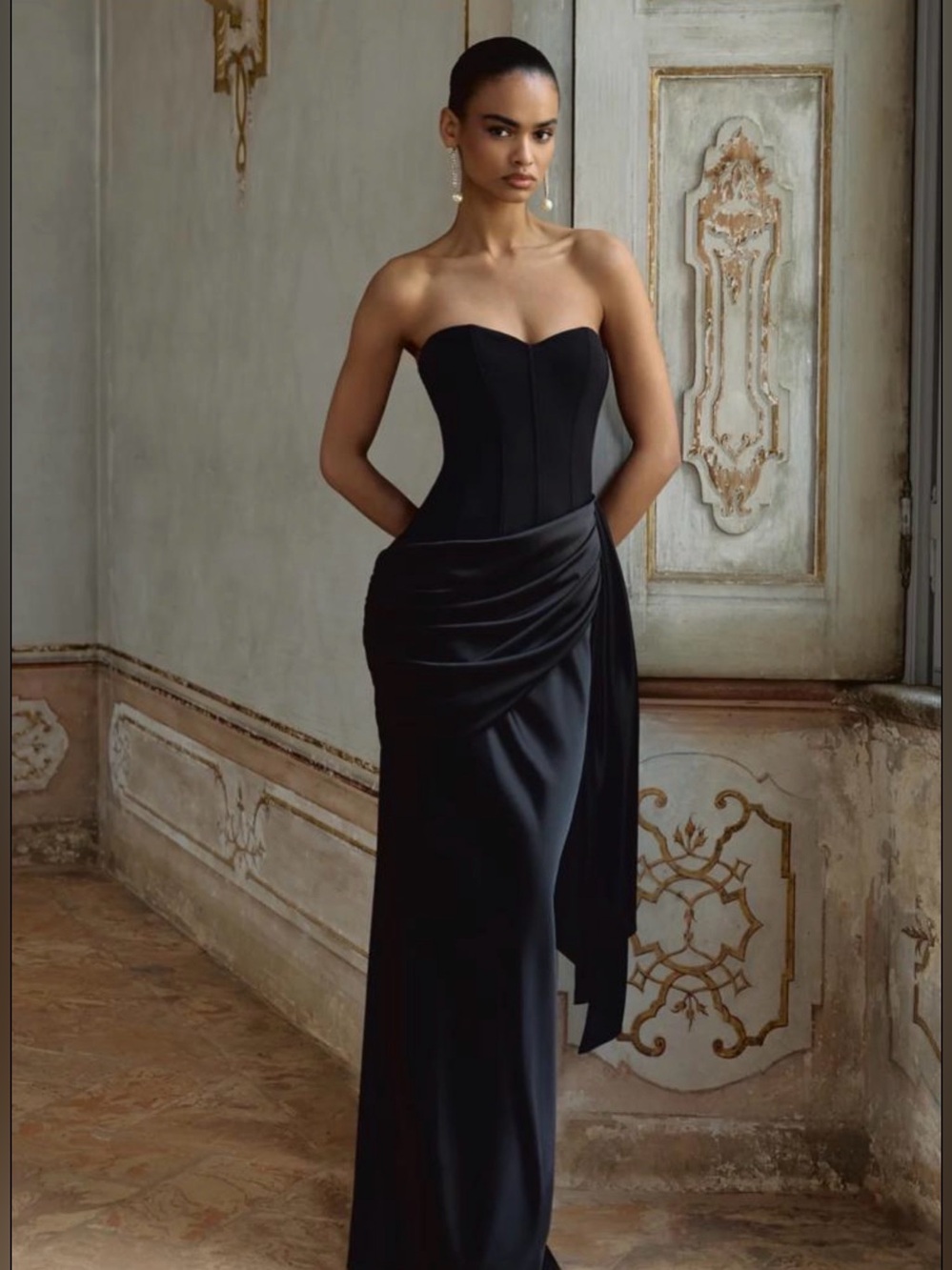 Club L Strapless Black Satin Bandeau Dress with Draped Skirt